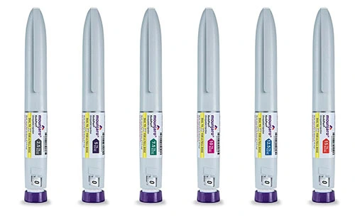 Six Mounjaro pens, arranged in a row, representing the different available doses
