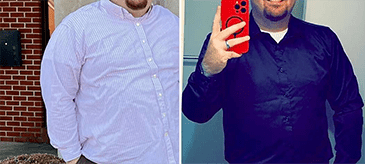 A side-by-side comparison of Jake before and after his 73-pound weight loss with GLP-1 medication.